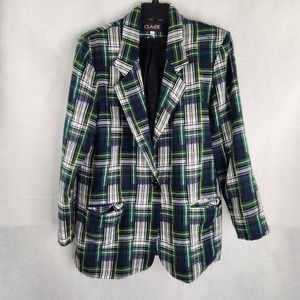 Vintage Claude Women’s Acrylic Wool Blend Blazer Jacket 10 Green Blue Plaid